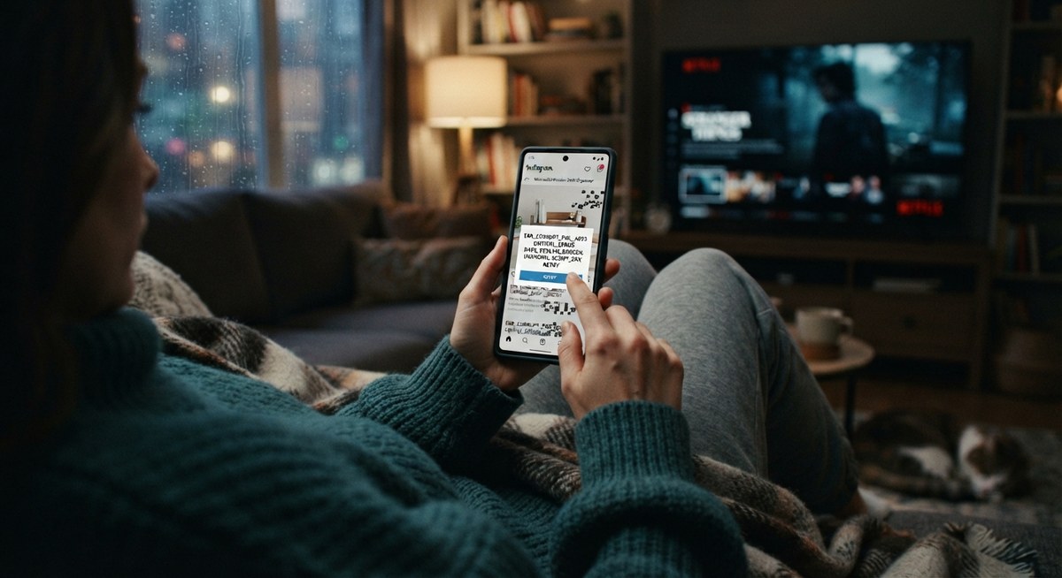 A woman on a sofa tapping a smartphone showing a glitchy pop-up over a social media ad