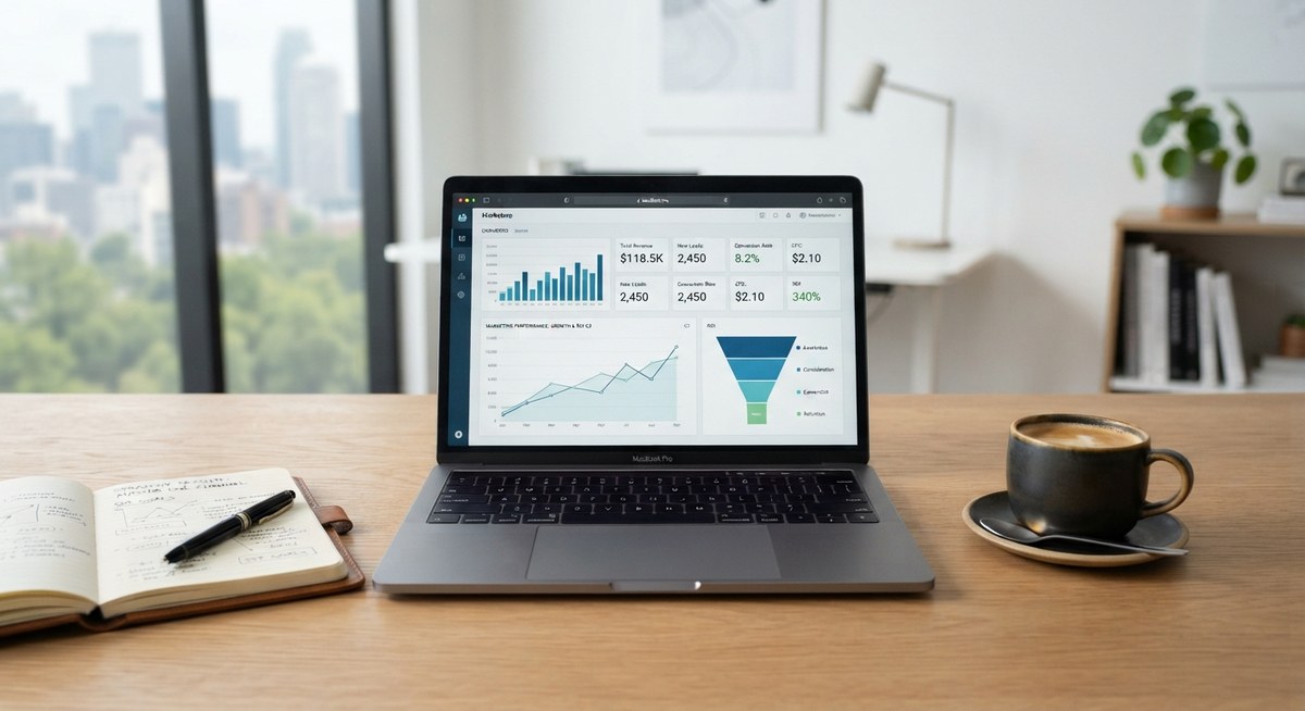 A laptop on a wooden desk showing a marketing performance dashboard with revenue, leads, conversion rate, ROI, and a funnel chart, next to a notebook and a cup of coffee