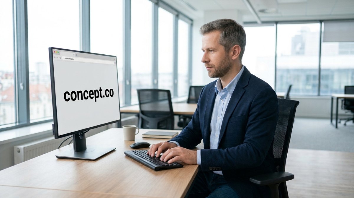 A founder types a short clean web address into a browser on a large monitor