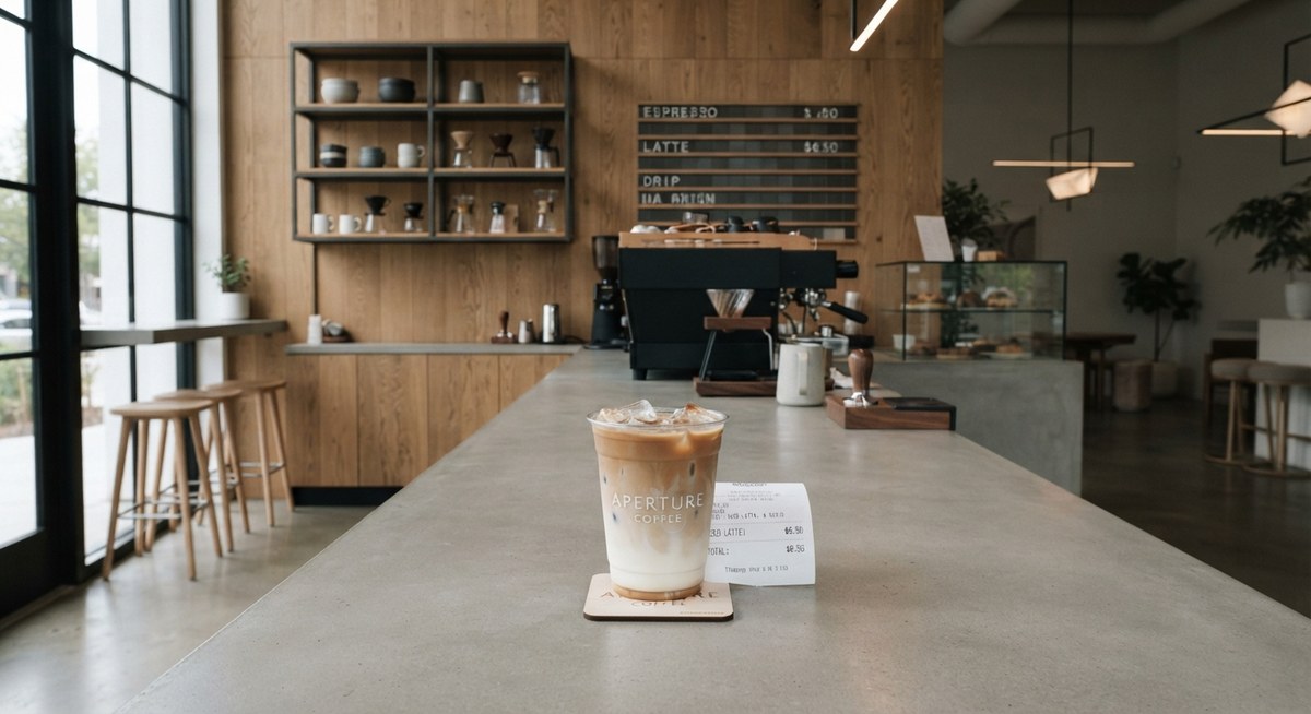 An iced latte from a minimalist coffee shop sitting on a concrete counter next to a receipt
