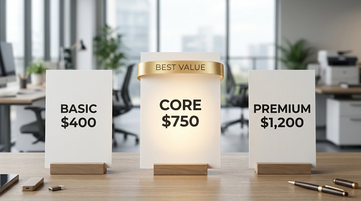 Three pricing cards on a desk labeled Basic, Pro and Premium, with the middle Pro option glowing and marked Best Value
