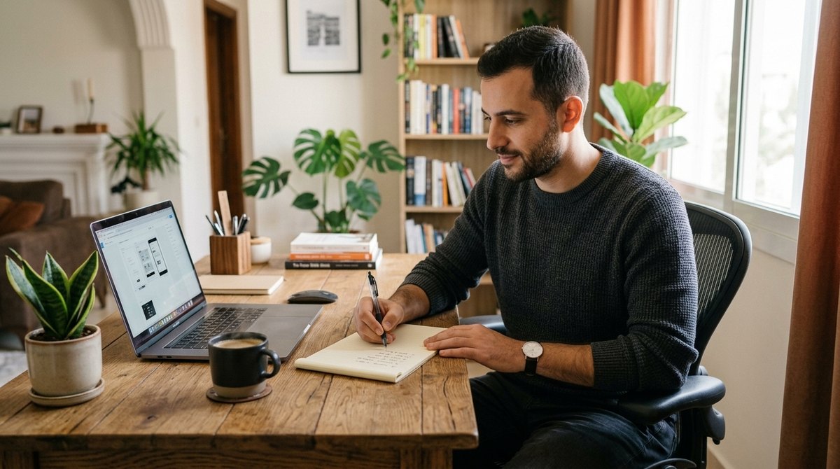 A freelance designer reviews a short list of client names on a notepad at a tidy desk with a laptop and coffee