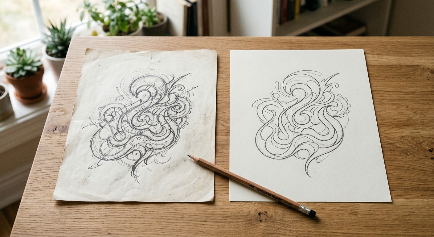 Two hand-drawn brand sketches on paper side by side on a wooden desk with a pencil, soft natural light