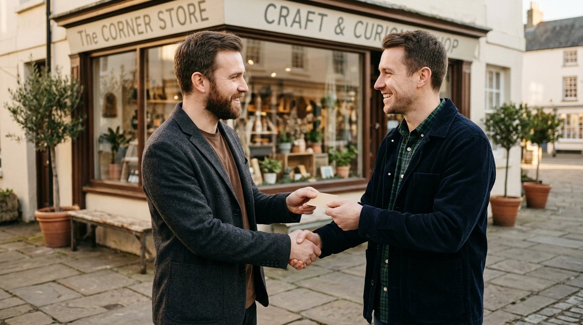 Two men shake hands outside a small shop while one hands the other a small card with a referral code