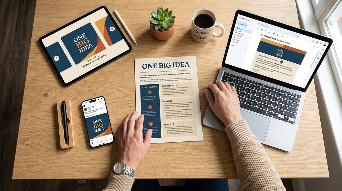 A content creator at a desk with one printed article in the center, surrounded by a phone, tablet and laptop showing social posts, carousels and a newsletter made from it