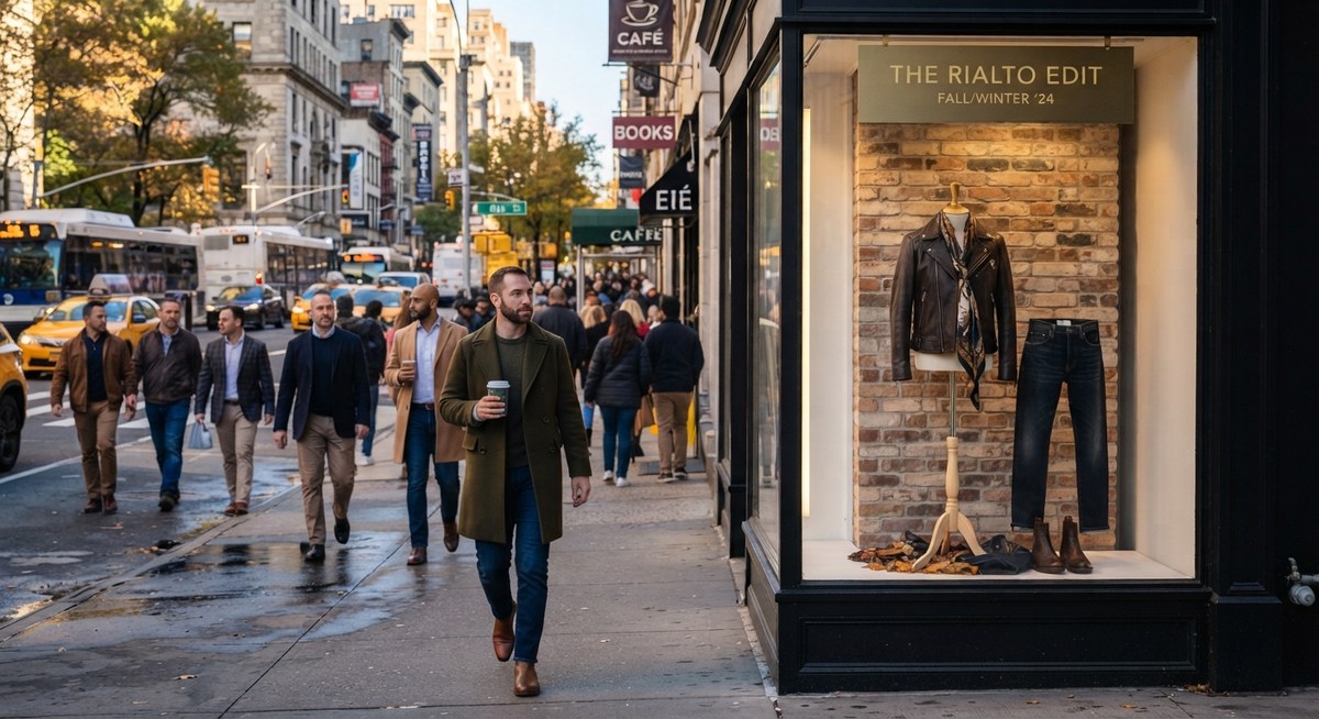 A man walking past a boutique clothing store window display on a busy city sidewalk