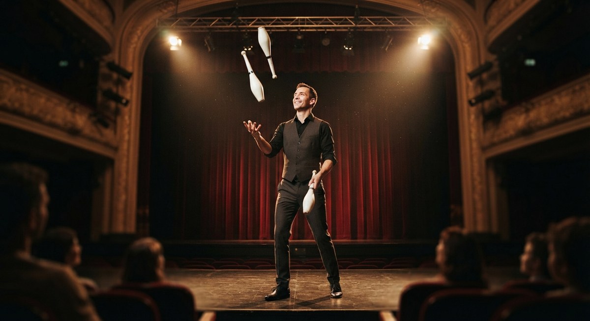 A juggler on a theater stage tossing pins into the air