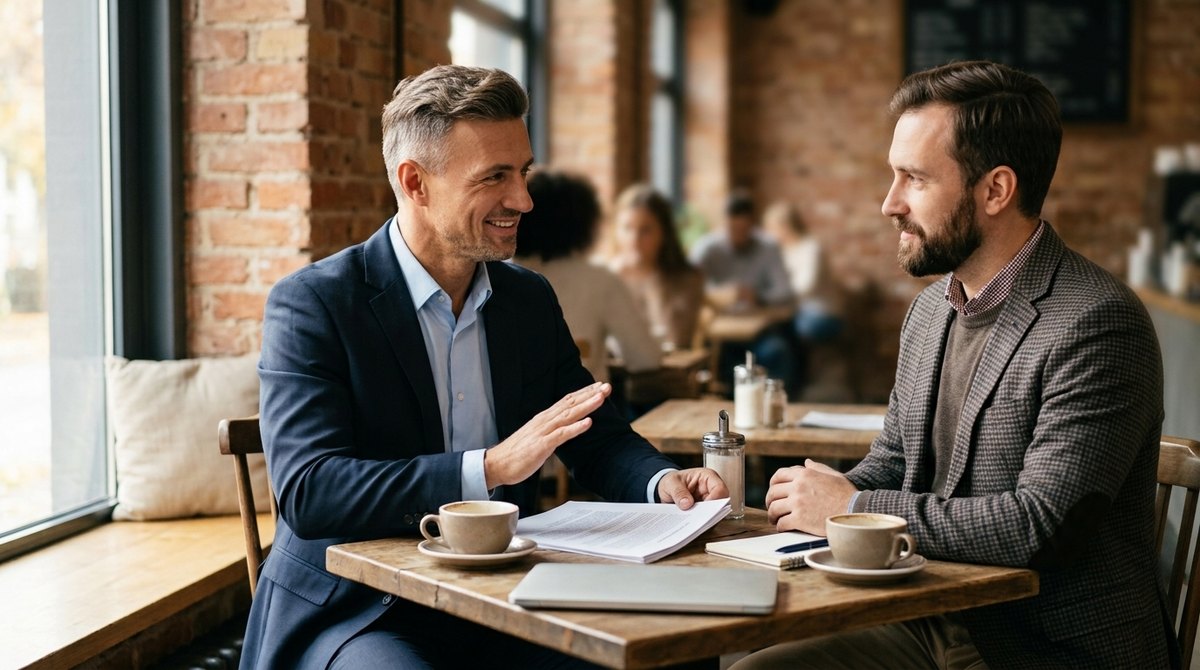 A calm business owner politely declines an offer across a cafe table while shaking hands with a smile