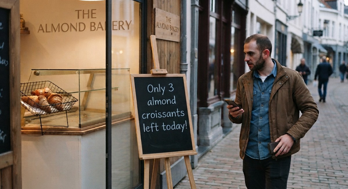 A man walking down a cobblestone street stops to look at a chalkboard sign outside The Almond Bakery that reads 'Only 3 almond croissants left today!'
