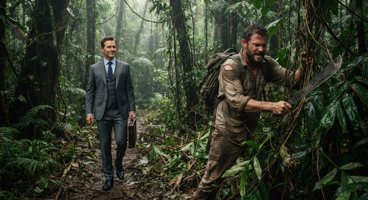A businessman walking calmly down a cleared jungle path while another man hacks through vines with a machete