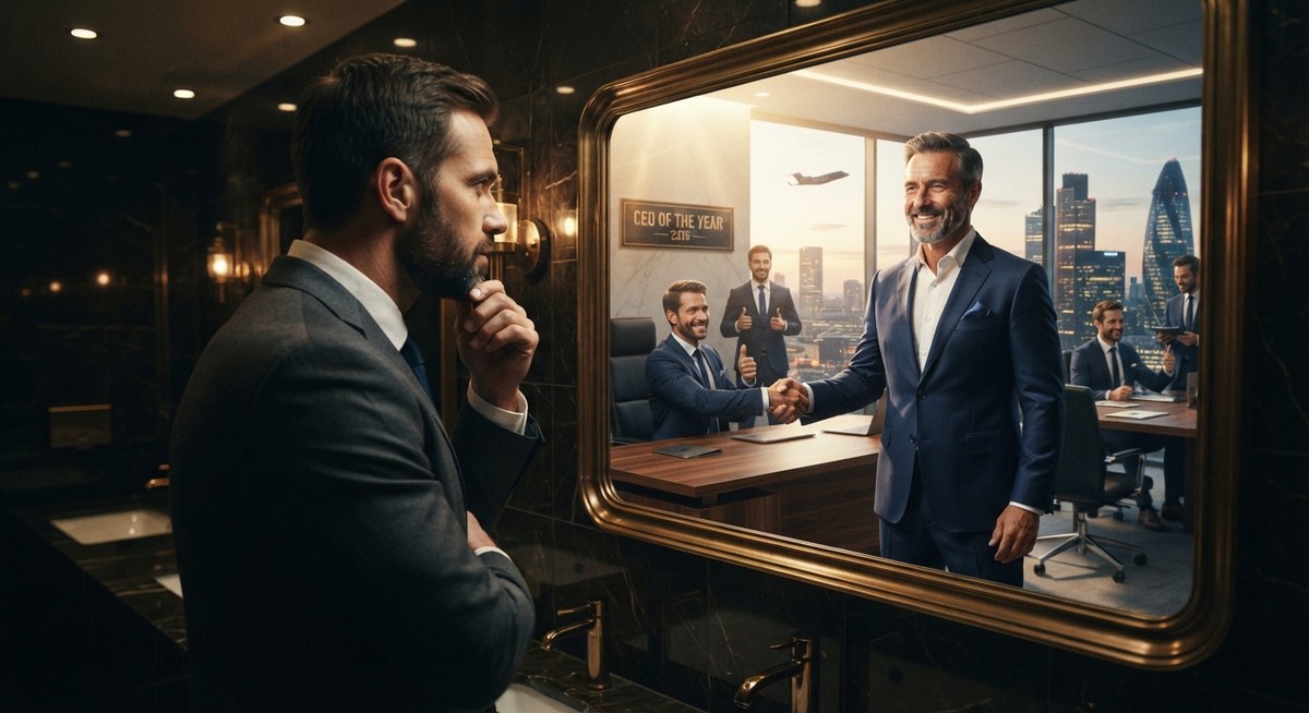 A businessman looking into a mirror reflecting a confident, successful version of himself