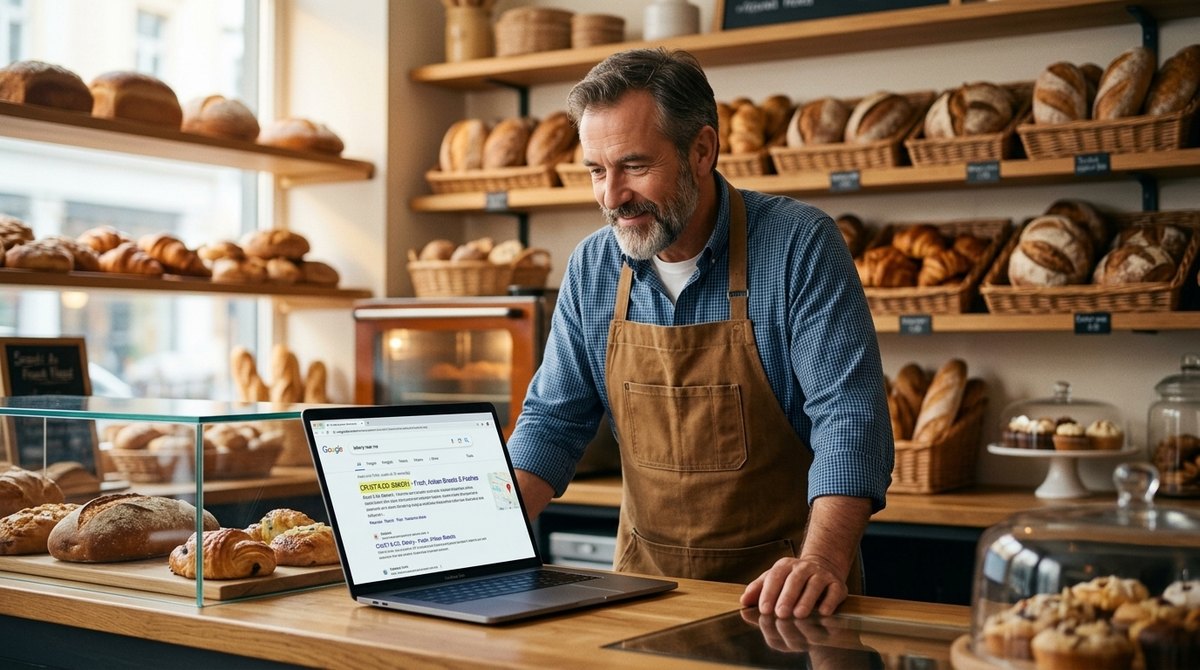 A small business owner looks at a laptop showing a search results page, with a magnifying glass icon highlighting his website at the top