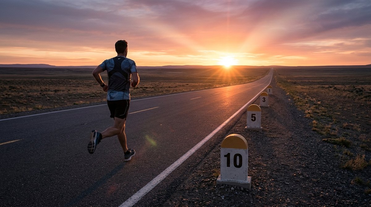 A runner on a long road at sunrise with distance markers styled like search result positions leading toward the top spot