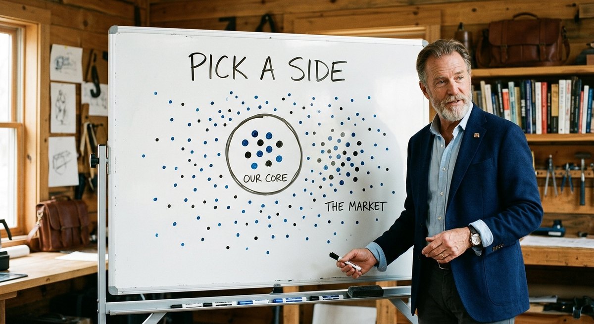 A founder draws a circle around a small group of dots on a whiteboard, ignoring a large scattered crowd of dots outside it