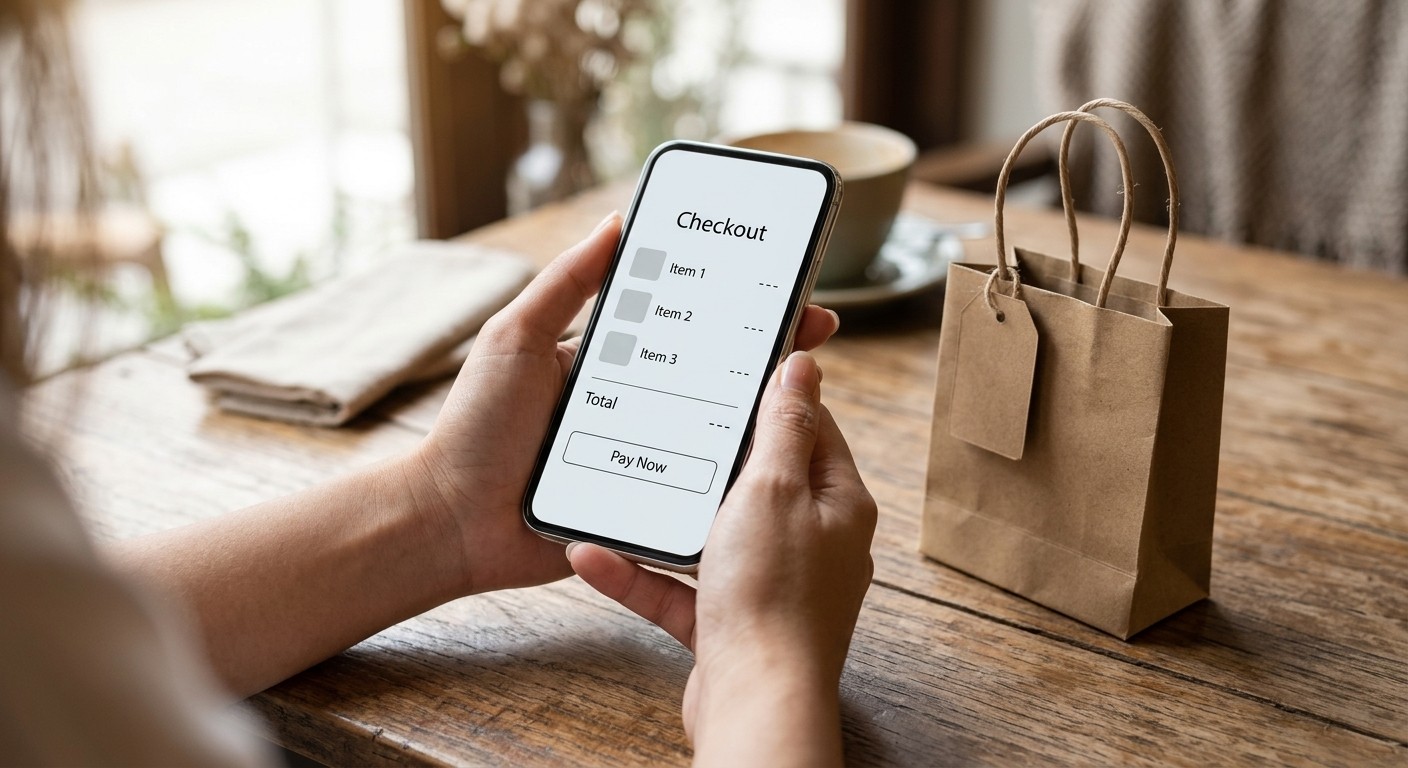 Hands holding a smartphone with a short, simple checkout screen on display, a small shopping bag on a wooden table, soft natural light