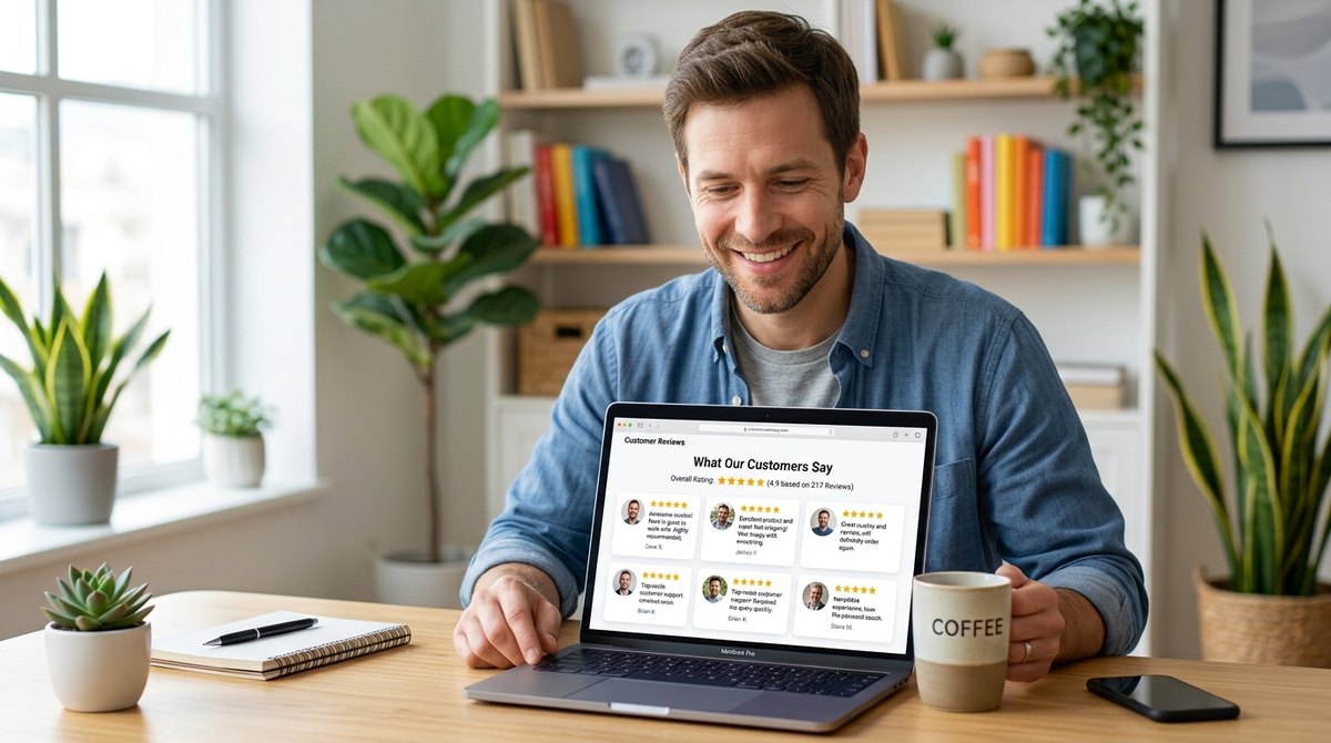 A small business owner smiles at a laptop showing a page of five-star customer reviews and testimonials while holding a coffee