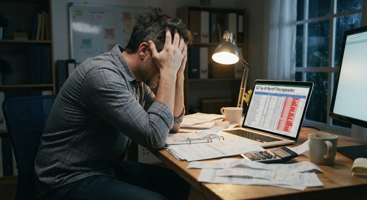 A stressed man holding his head in his hands at a home office desk
