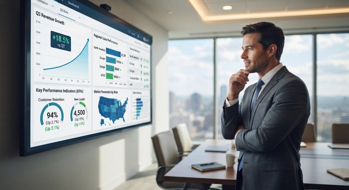 A businessman standing in front of a screen showing Q3 revenue growth charts