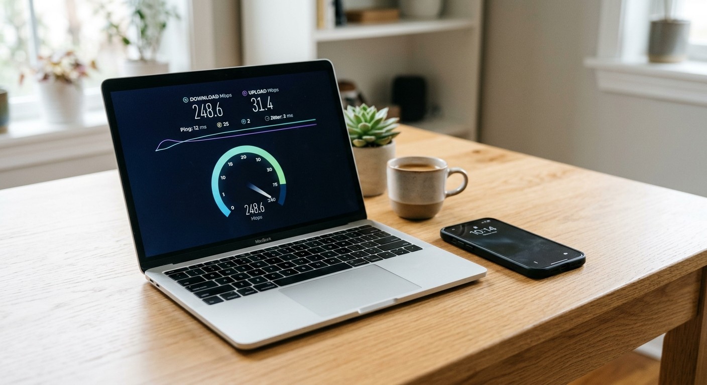A laptop displaying a speed test report beside a smartphone on a clean desk, soft natural light
