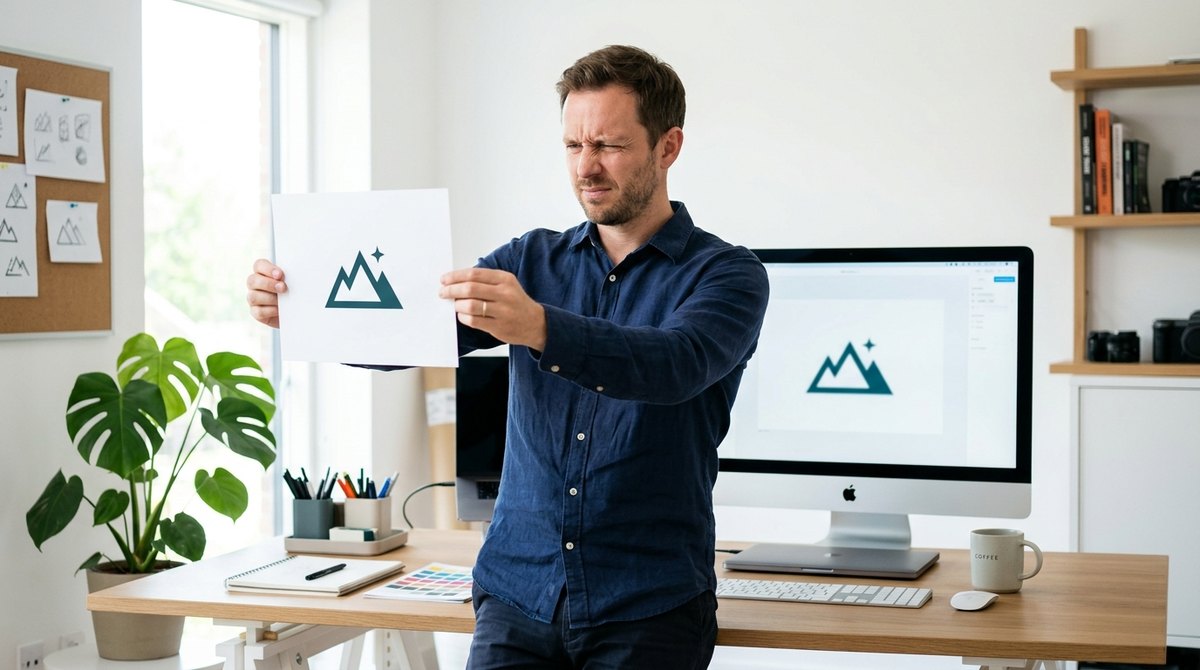 A man squints at a logo printed on a sheet of paper held at arm's length in a bright design studio