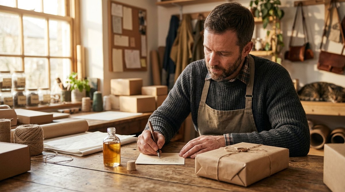 A small shop owner writes a handwritten thank-you note and places it in a parcel with a small free sample on a packing table