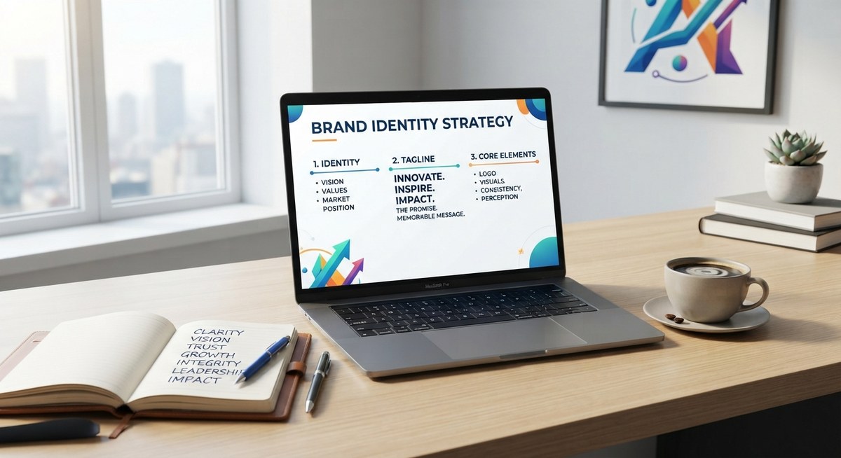 A laptop showing a Brand Identity Strategy slide next to a notebook listing brand values
