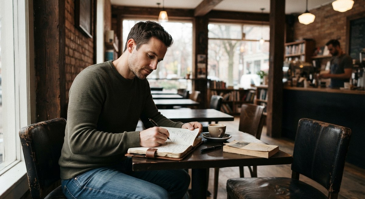 A man sitting at a rustic cafe table writing in a leather-bound notebook