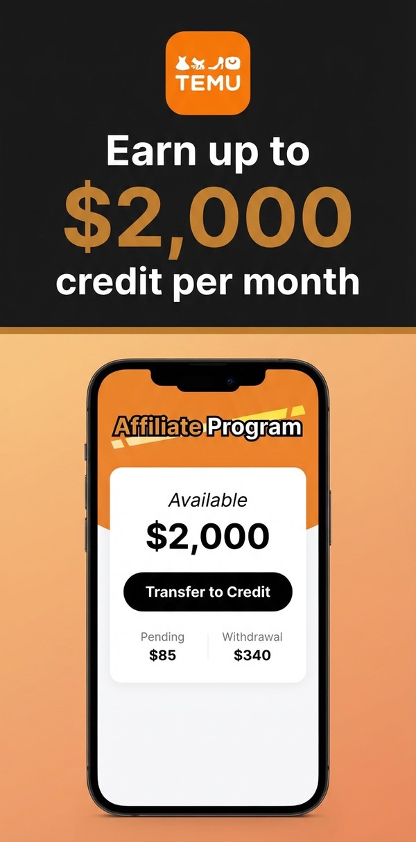 Temu Affiliate Program promotional banner — earn credit for referrals