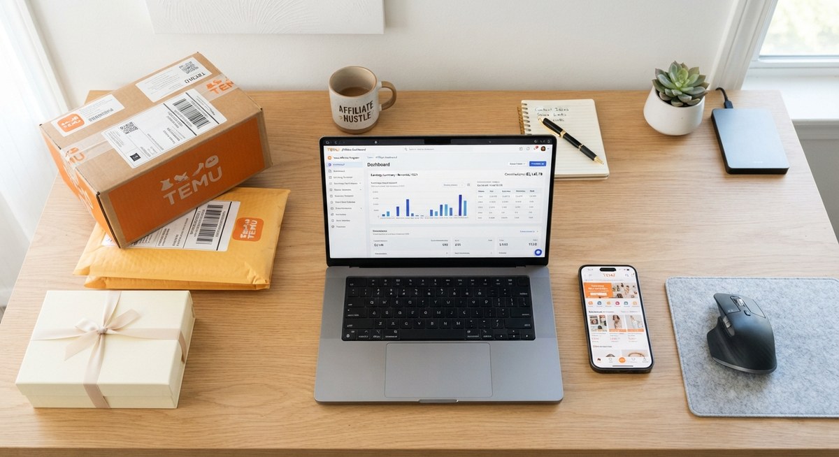 A desk with a Temu shipping box, a laptop showing an affiliate earnings dashboard, and a smartphone