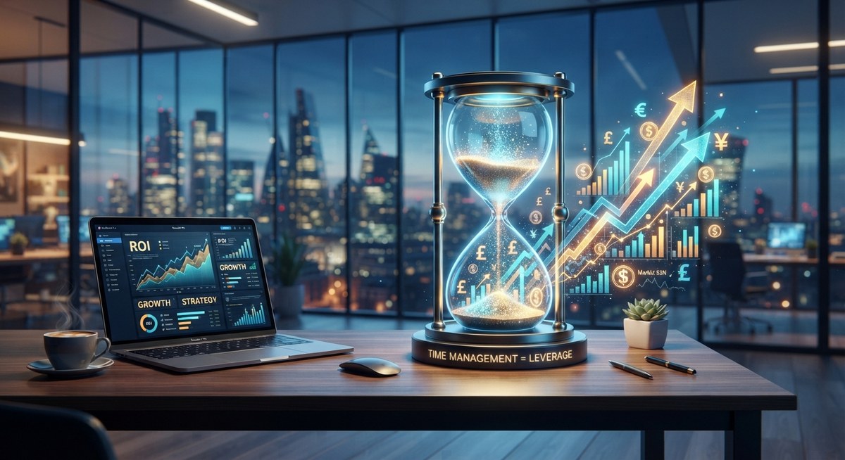 A glowing hourglass on a desk labeled Time Management = Leverage, with rising growth arrows and a laptop showing ROI dashboards