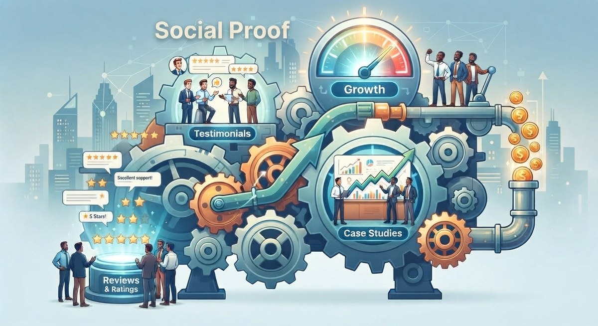 An illustrated machine of interlocking gears labeled Social Proof, with Reviews, Testimonials, and Case Studies feeding Growth