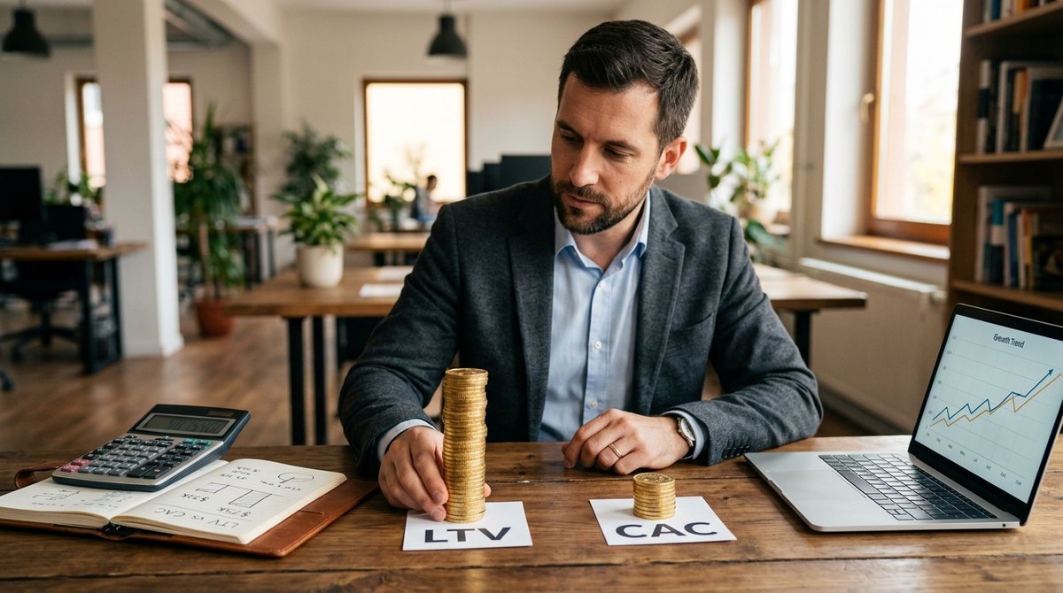 A business owner at a desk compares two stacks of coins labeled cost to win a customer and lifetime profit, with a calculator and laptop