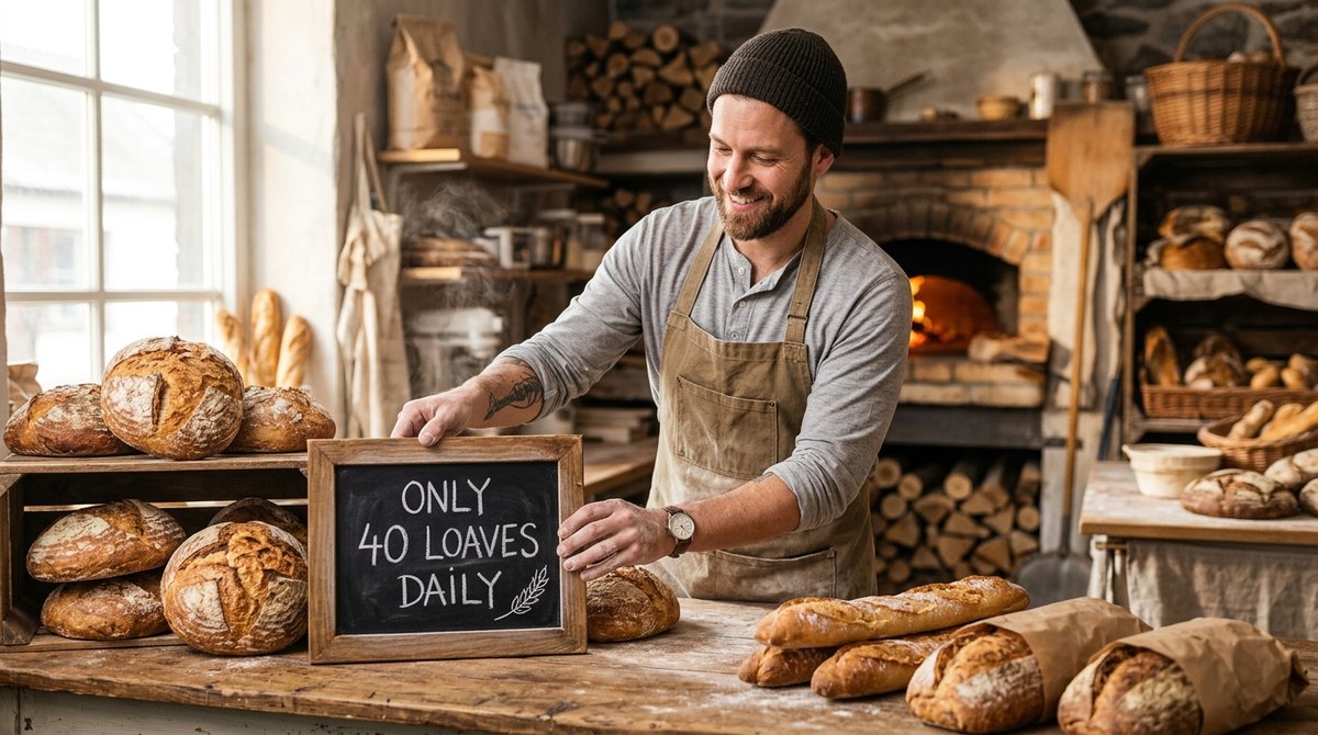 A baker places a handwritten sign reading Only 40 loaves daily next to fresh bread on a shop counter in the morning
