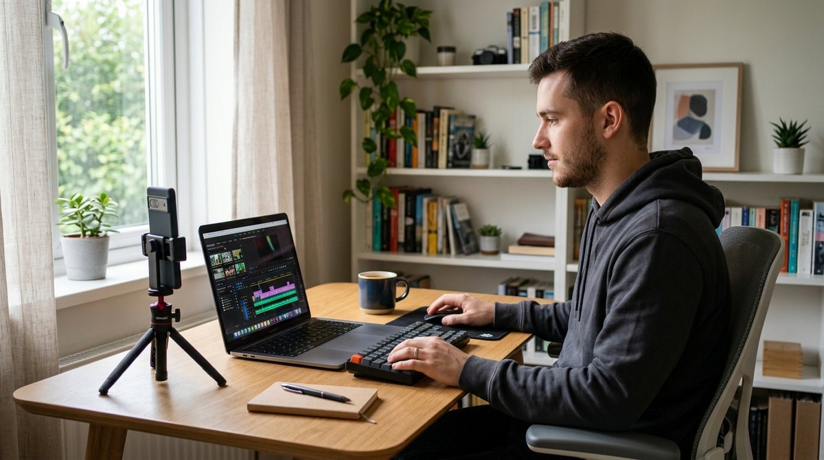 A man edits a short video on a laptop at a desk, with a timeline on screen and a phone on a small tripod beside him