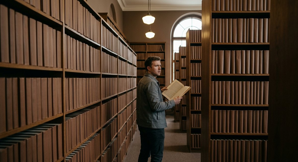 A puzzled man stands in a library aisle where every book has the same plain brown cover with no titles, holding an open book full of dense text