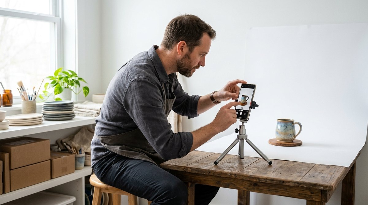 A small business owner photographs a product on a simple white backdrop using a phone on a tripod and soft window light