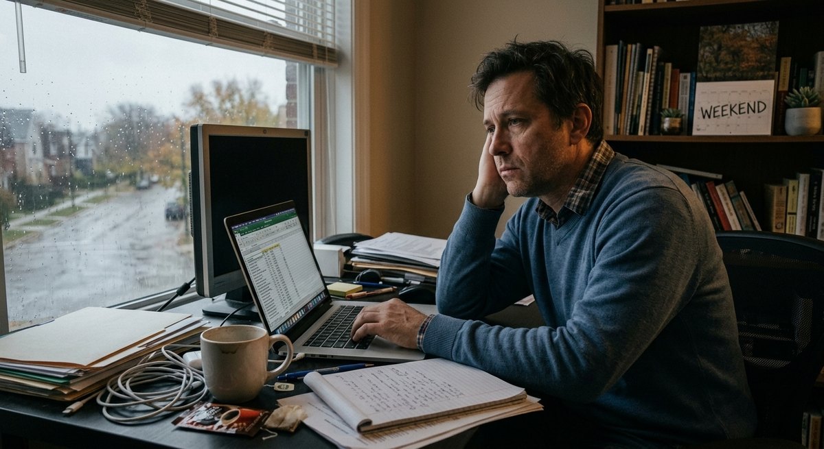 A tired business owner sits at a cluttered desk on a rainy Sunday afternoon, resting his head on his hand while looking at a spreadsheet on his laptop