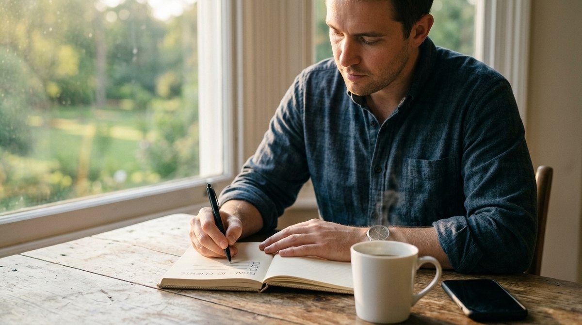 A business owner writes a goal and a step-by-step plan in a notebook at a wooden desk in the early morning